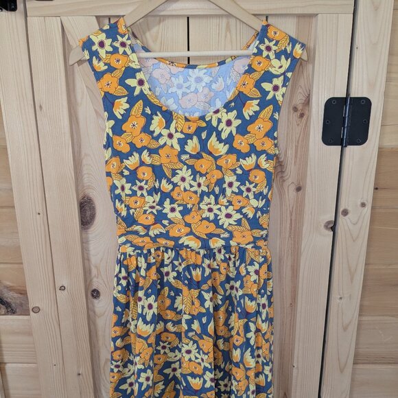 Mata Traders Floral Stretch Dress Womens Small Yellow Blue Orange Organic Cotton - Picture 1 of 10